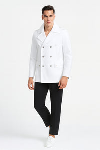 Men’s White Double-Breasted Peacoat Jacket – Classic Stylish Outerwear Wool Fabric Slim Fitted
