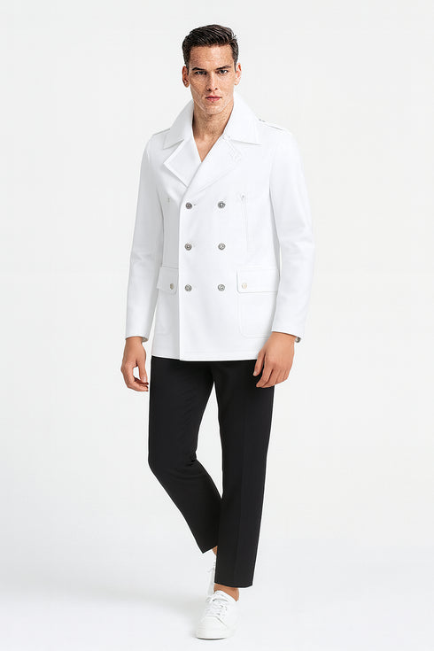 Men’s White Double-Breasted Peacoat Jacket – Classic Stylish Outerwear Wool Fabric Slim Fitted