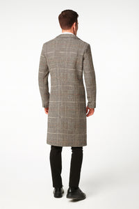 Men’s Full length Long Plaid Overcoat – Classic Checkered Wool Blend Winter Coat in Gray Color Checkered