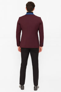 Mens Burgundy Tuxedo Dinner Jacket Blazer with Blue Satin Shawl Lapel Wedding and Party Jacket