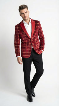 Mens Red Burgundy Plaid Blazer with Contrast Lapel – Velvet Fabric Check Prom Blazer Jacket for Party, Christmas New Year Holiday Jacket