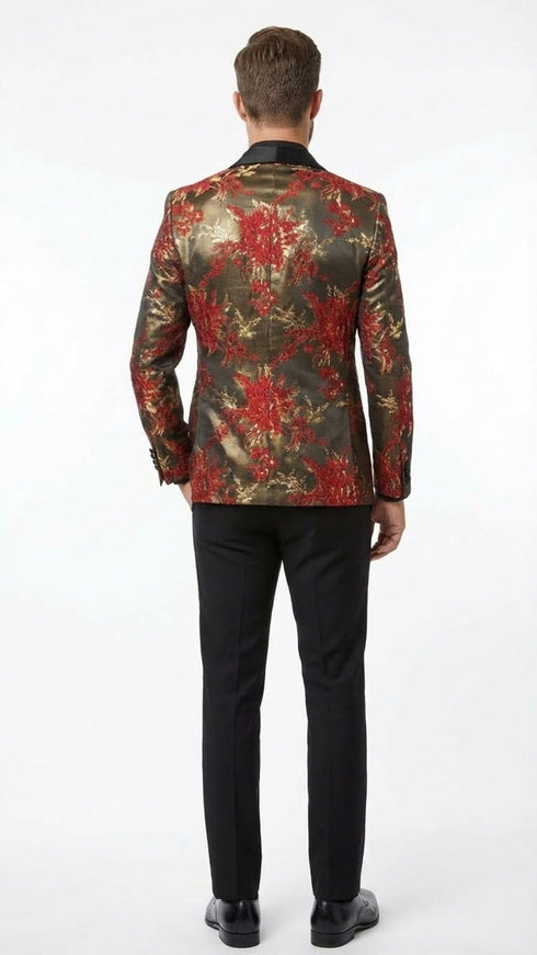 Men’s Red and Gold Floral Pattern Paisley Shawl Lapel | Luxury Evening and Party Wear Jacket Prom Christmas New Year Blazer