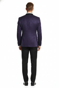 Men’s Purple Paisley Tuxedo Jacket – Ultra Slim Fit Dinner Blazer with Black Satin Peak Lapel