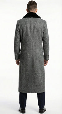 Men's Grey Herringbone Tweed Long Overcoat with Black Faux Fur Collar, Classic Winter Topcoat