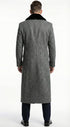 Men's Grey Herringbone Tweed Long Overcoat with Black Faux Fur Collar, Classic Winter Topcoat