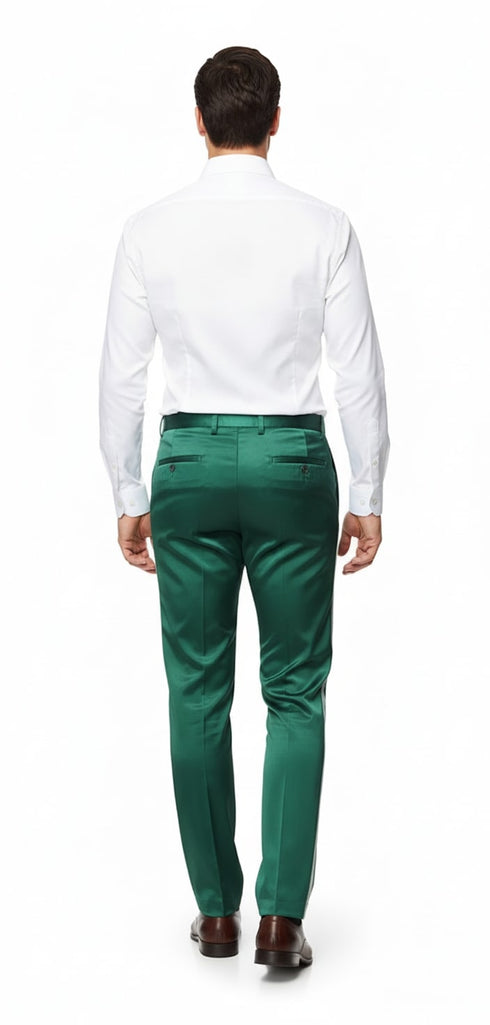 Mens Emerald Green Satin Slim Fit Dress Pants – Shiny Formal Party and Wedding Trousers