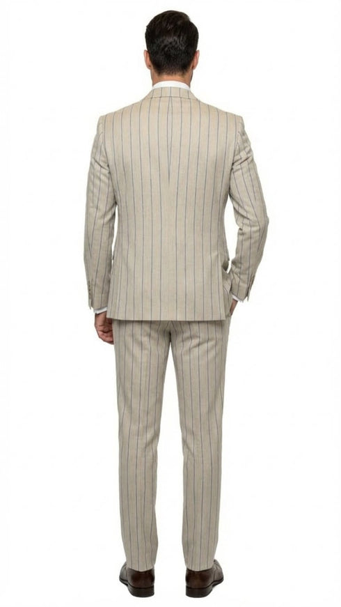 Men's Beige with blue Pinstripe Three-Piece Suit with Vest by Rossiman Vested Peak Lapel in Tan Stripe 1920s style