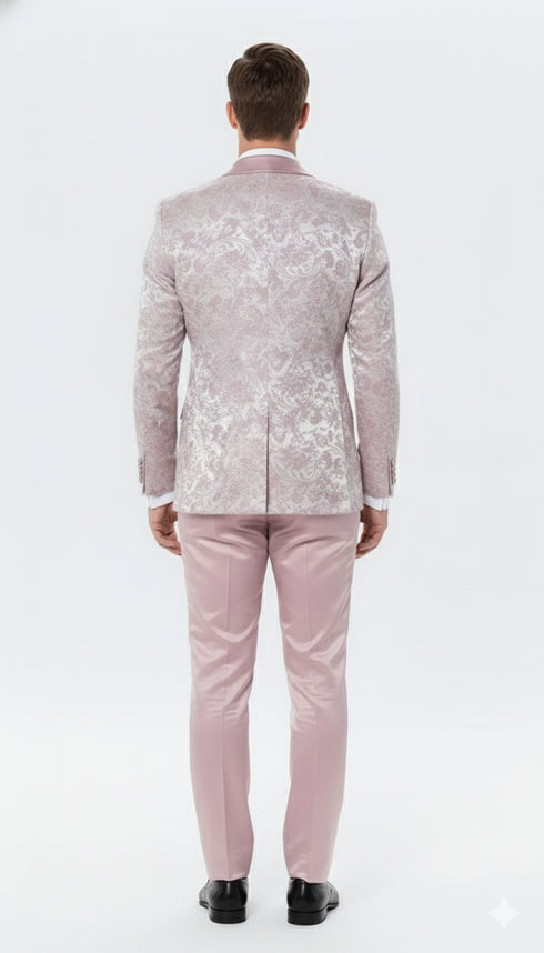 Men’s Light Pink Dusty Rose - Floral Tuxedo Suit – Luxury Satin Shawl Lapel 3-Piece Formal Wedding and Prom Suit in Blush Mauve color
