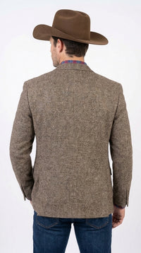 Men’s Light Brown Western Blazer – Textured Tweed Herringbone Cowboy Sport Coat for Rodeo, Country Taupe Dark Tan Color Wool Fabric