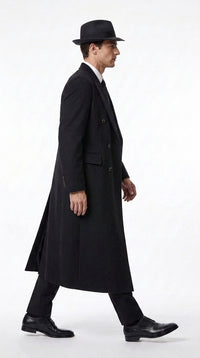 Men’s Godfather Black Double-Breasted Long Overcoat – Vintage Mobster Gangster Coat