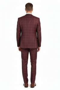 Men’s Burgundy Checkered 3-Piece Suit – Windowpane Classic Fit Plaid Blazer with Vest and Pants