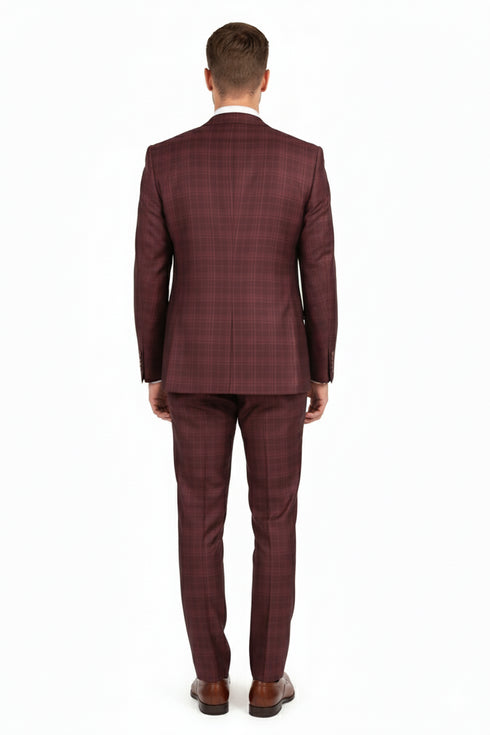 Men’s Burgundy Checkered 3-Piece Suit – Windowpane Classic Fit Plaid Blazer with Vest and Pants