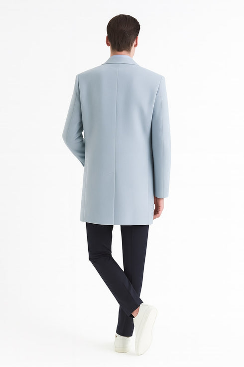 Mens Light Blue Wool Overcoat – Modern Long Coat with Classic Tailored Fit in Sky Blue