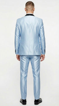 Men’s Light Blue Shiny 3 Piece Suit with Black Shawl Lapel | Formal Wedding Prom Suit - Sateen Sharskin Suit