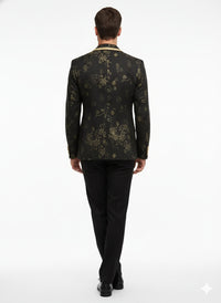 Men’s Black and Gold Embroidered Luxury Blazer – Designer Floral Pattern Wedding & Party Jacket (Sim534)