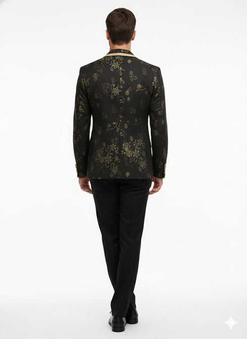 Men’s Black and Gold Embroidered Luxury Blazer – Designer Floral Pattern Wedding & Party Jacket (Sim534)