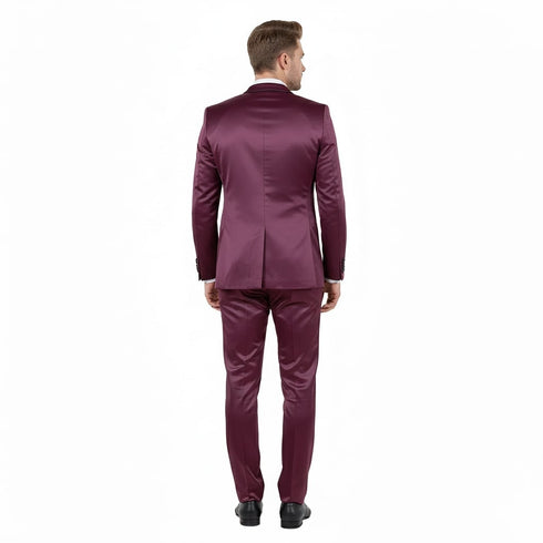 Mens Sateen Shiny Burgundy Slim Fit Tuxedo – Satin Shawl Lapel 3-Piece Suit
