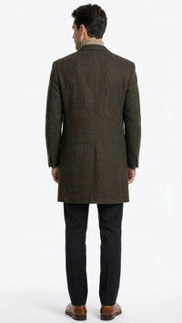 Men’s Brown Checkered Wool Overcoat – Long Winter Coat with Classic Plaid Pattern By Statement