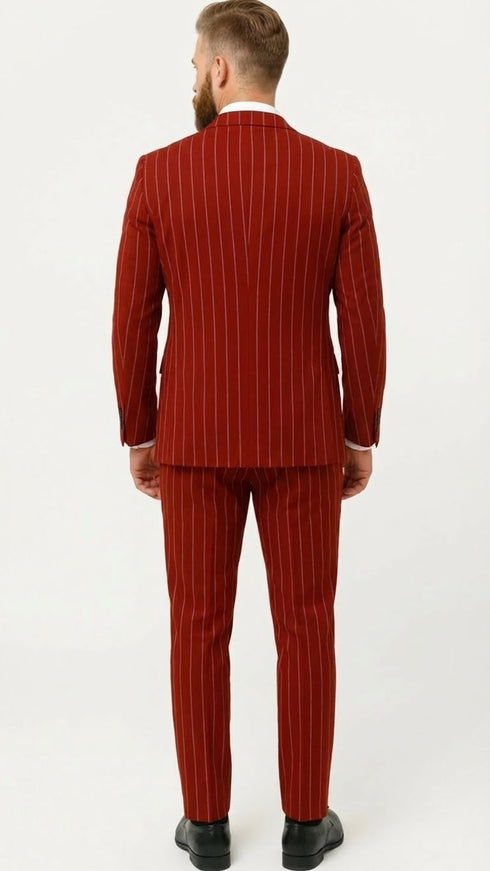 Men’s Red Pinstripe Suit – Stripe Two-Button Vested Suit 2 Buttons