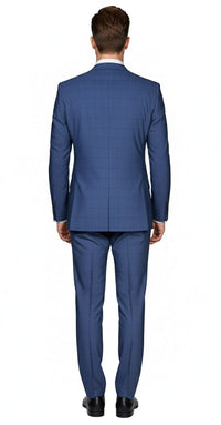 Mens Indigo Navy Blue Windowpane Check Suit – Classic 2-Piece Formal Business and Wedding Wear Set in Cobalt Blue