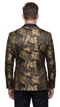 Men’s Black & Gold Paisley Tuxedo Jacket – Luxury Floral Formal Dinner Blazer Black Pants