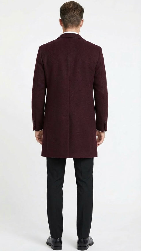 Men’s Burgundy Mid-Length Overcoat – Classic Fit Wool Blend Dress Coat Three Quarter Carcoat Topcoat