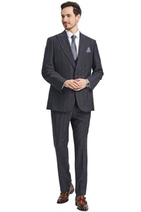 Men's Stacy Adams Peak Lapel Charcoal Grey Windowpane Plaid Suit with a Scoop Neck Vest