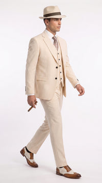 Men’s Ivory Cream Pinstripe 3-Piece Suit – 1920s Gangster Gatsby Wedding and Formal Suit