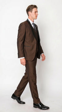 Men’s Chocolate Brown 3-Piece Tuxedo Suit with Black Satin Shawl Lapel – Shawl Collar Vested