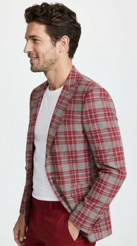 Men's Red Tartan Plaid Blazer Checkered Sport Coat Holiday New Year Gray Windowpane