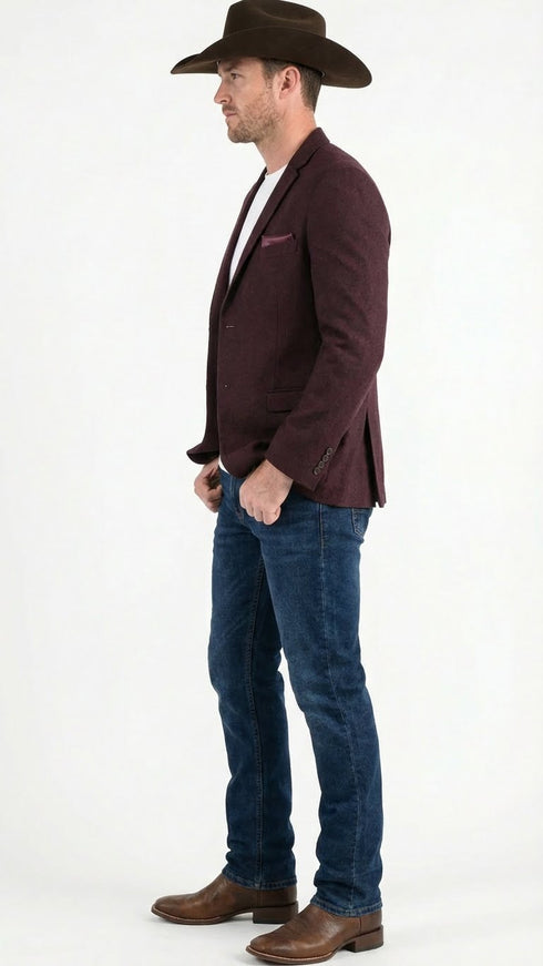 Men’s Burgundy Western Blazer Jacket, Textured Cowboy Style Sport Coat for - Tweed Herringbone Maroon Color