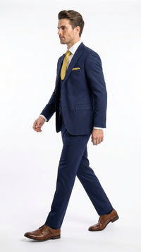 Mens Vitali 3 Piece Suit W/Scoop Vest Navy Blue 3-Piece Suit – Big Peak Lapel Vest and Pants Modern Fit Two Buttons