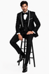 3-Piece Tailored Fit Wool Suit with Bow Tie and Flat Front Pants - Black