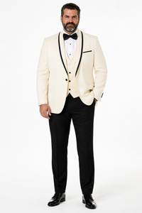 3-Piece Tailored Fit Wool Suit with Bow Tie and Flat Front Pants - Off-White
