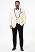 3-Piece Tailored Fit Wool Suit with Bow Tie and Flat Front Pants - Off-White