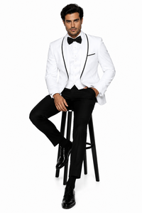 3-Piece Tailored Fit Wool Suit with Bow Tie and Flat Front Pants - White