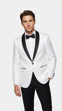 Men’s White Dinner Jacket Disco Blazer 1980s Sequin Style Jacket – Black Lapel Party Blazer, Formal Masquerade Club Wear Paisley Fabric + Bowtie