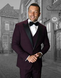 Mens 1 Button Peak Lapel Vested Wool Tuxedo in Burgundy