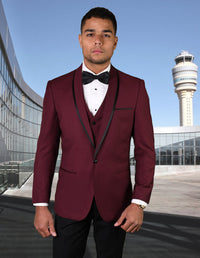 Mens Vested Wool Tuxedo in Shawl Lapel with Satin Trim in Burgundy & Black