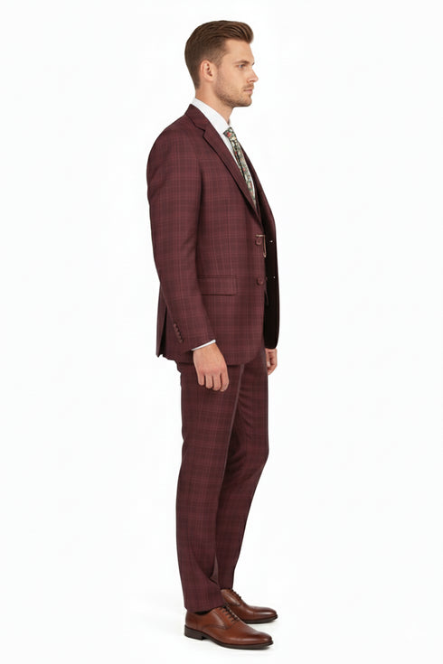 Men’s Burgundy Checkered 3-Piece Suit – Windowpane Classic Fit Plaid Blazer with Vest and Pants