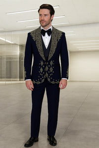Men’s Navy Tuxedo with Gold Embroidery – Slim Fit Formal Dinner Jacket with Shawl Lapel