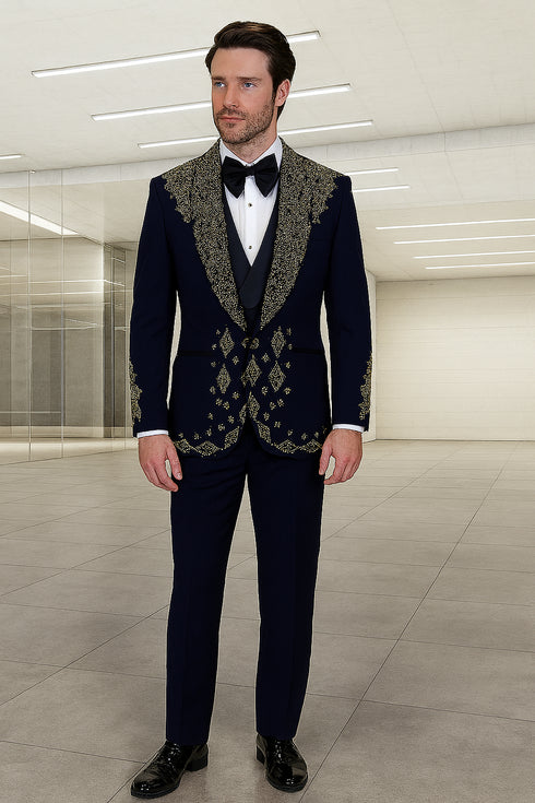 Men’s Navy Tuxedo with Gold Embroidery – Slim Fit Formal Dinner Jacket with Shawl Lapel