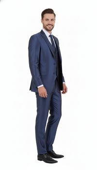 Men’s Navy Blue Shiny Finish 3-Piece Suit Set – Premium Tailored Fit Formal Wedding and Party Sateen Slim Fitted Suit