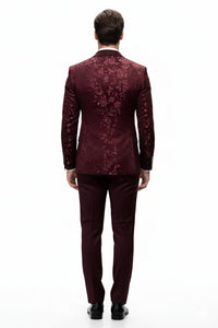 Men’s Burgundy Floral Jacquard Tuxedo Dinner Jacket – Paisley Velvet Lapel Formal Wear for Weddings and Prom