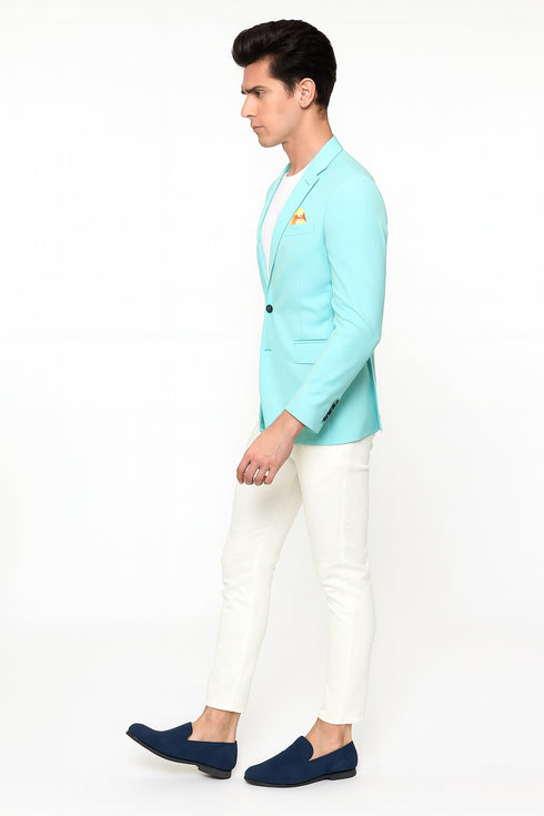 Men’s Aqua Blazer – Slim Fit One Button Suit Jacket with Stylish Floral Inner Lining - Light Turquoise