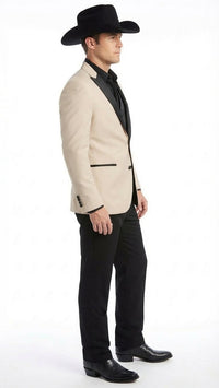 Men's Light Tan and Black Lapel Western Tuxedo Suit Set Wedding Party Cowboy Dress Tuxedo Black Pants