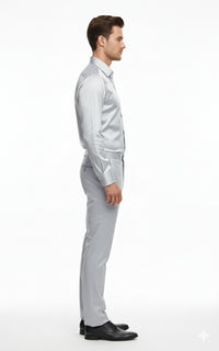 Men’s Silver Satin Dress Shirt and Pants Set – Luxury Slim Fit Outfit for Parties, Weddings, and Formal Events