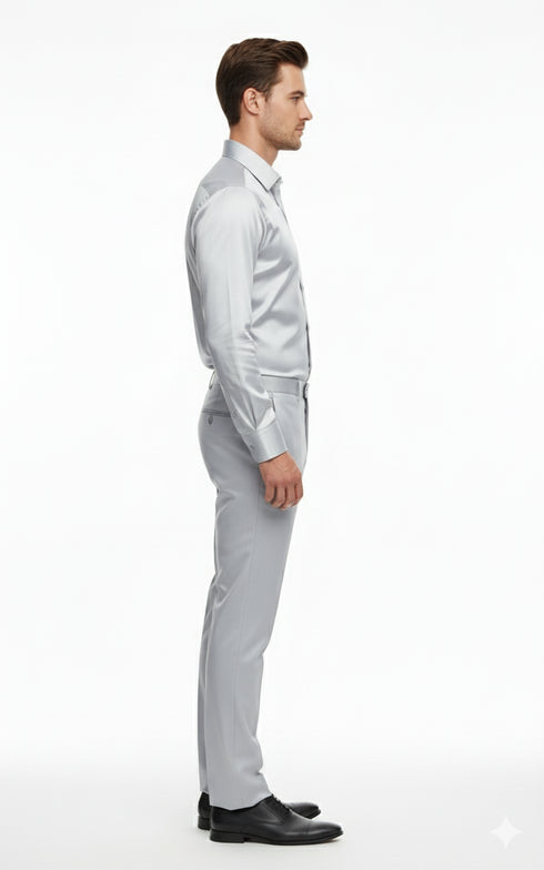 Men’s Silver Satin Dress Shirt and Pants Set – Luxury Slim Fit Outfit for Parties, Weddings, and Formal Events