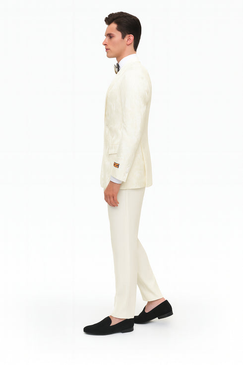 Men’s Ivory Floral Embroidered Tuxedo Jacket – Elegant Wedding and Party Blazer in Cream Color With Ivory Pants