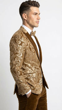 Men’s Goldish Light brown Tuxedo dinner Jacket Embroidered Blazer – Velvet Jacket for Formal Paisley Pattern Coffee Mocca Color